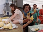 Cả nhà ngơ ngác khi con gái bổ mít kiểu dưa hấu