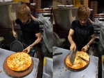 Chàng trai tay nhanh hơn não khi cắt bánh pizza
