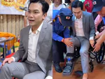 Mạnh Quỳnh ngồi xe lăn, chống nạng chạy show