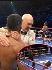 Trọng tài lớn tuổi té ngã rồi dừng luôn trận đấu quyền anh