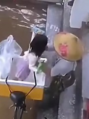 Khoảnh khắc hài hước khi bà đưa cháu đi chạy lũ