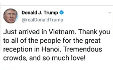 Tổng thống Trump viết tweet: Cảm ơn Việt Nam, 'đầy tình yêu'