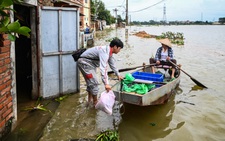 Hình ảnh dân đi thuyền trên tỉnh lộ ngập sâu ở ngoại thành Hà Nội