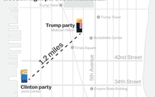 Ông Trump và bà Clinton đặt tiệc chỉ cách nhau 3km