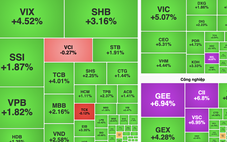 Chứng khoán bất ngờ tăng mạnh, cổ phiếu xanh tím phủ khắp bảng điện