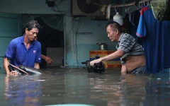 Dân TP Thủ Đức bì bõm thu dọn đồ đạc sau trận mưa ngập đến nửa nhà