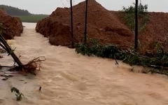 Vỡ đập thủy lợi chứa 500.000m³ nước ở Quảng Bình, đưa xe múc gia cố chặn dòng chảy