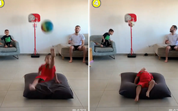 Bé trai ngả người vô lê, bóng bay chính xác vào rổ