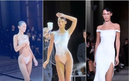 Bella Hadid để ngực trần, 1 phút sau đã được 'úm ba la' thành váy phun sơn ngay trên sàn runway