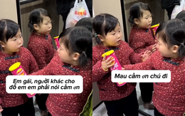 Bé gái dạy em như bà cụ non khi nhận đồ của người lạ