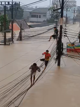 Lũ kinh hoàng ở Thái Lan: Dân đu dây điện thoát thân, chen chúc trên mái nhà chờ cứu