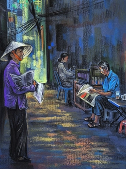 Thương những sạp báo cuối cùng ở TP.HCM qua tranh vẽ của Lê Sa Long