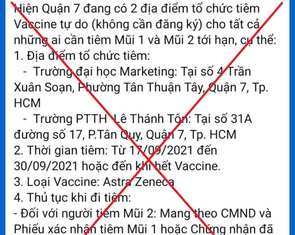 'Quận 7 đang có 2 điểm tiêm vắc xin tự do, không cần đăng ký' là thông tin giả
