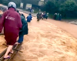 Giáo viên cắm bản vượt lũ trên cầu tạm từ 4 cây gỗ