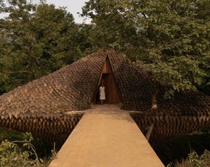 Nhà cầu bắc qua khe nước với lớp 'vảy tê tê' bằng bùn tranh kỳ lạ