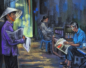 Thương những sạp báo cuối cùng ở TP.HCM qua tranh vẽ của Lê Sa Long