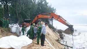 Chiến sĩ và người dân Đà Nẵng căng mình chống sạt lở bờ biển Hội An Tây