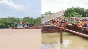 Bắt giữ hai tàu sắt nghi khai thác, vận chuyển cát trái phép trên sông Cửa Tiểu