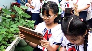 Học sinh thích thú khi dùng AI tìm hiểu các loại cây cảnh trong khu vườn trường 