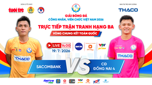 Trực tiếp: SACOMBANK gặp CĐ Đồng Nai 4 - Tranh hạng ba giải bóng đá công nhân, viên chức 2026