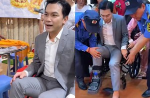 Mạnh Quỳnh ngồi xe lăn, chống nạng chạy show