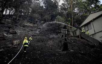 Australian bushfires raze homes in two states; firefighter dies