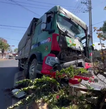 Ô tô tải tông 2 xe dừng đèn đỏ, làm chết 3 con bò, gãy một trụ đèn mới dừng lại