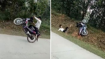 Quái xế ngã lộn nhào khi bốc đầu xe máy lấy uy trước bạn bè