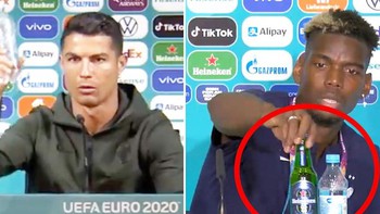 'Bắt chước' Ronaldo, Pogba đặt chai bia của nhà tài trợ xuống đất