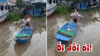Chàng trai quăng chài quăng luôn cả mình xuống sông
