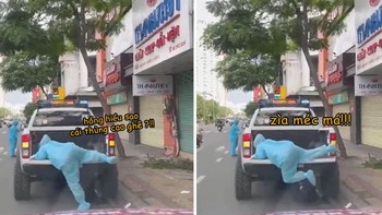 Nữ chiến binh áo xanh bé tẹo tèo teo chật vật leo xe bán tải