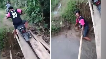 Cười xỉu với chàng trai chạy xe máy qua cầu bị ngã xuống mương