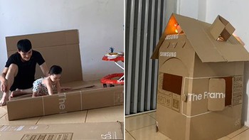 Bố lấy thùng các-tông làm nhà cho con