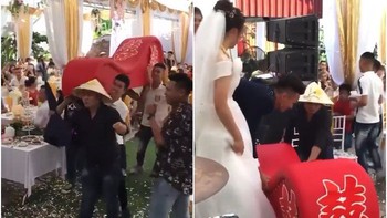 Nhóm bạn nhảy 'vũ điệu khiêng hòm' tặng ghế tình yêu cô dâu chú rể