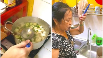 2 chàng trai pha muối vào muỗng nhờ cô nếm thử nồi canh