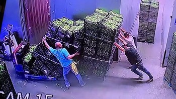 Người đàn ông nhanh trí chấp nhận đổ một chồng sọt trái cây