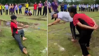 Chàng trai vừa kéo co vừa cà khịa đối thủ