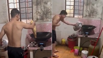Chàng trai hú hồn khi cá nhảy trong chảo dầu nóng