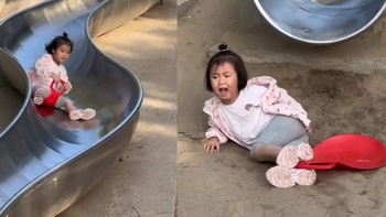 Cười sảng với bé gái chơi cầu tuột bị 'dập mông'