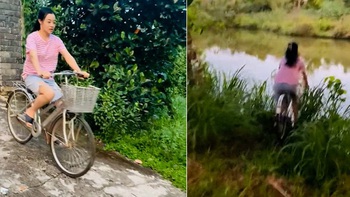 Cô gái tập đi xe đạp lao gọn xuống ao
