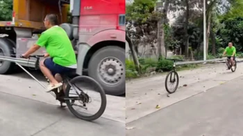 Người đàn ông lái xe đạp dài như container