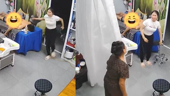 Cô gái giật mình với sự xuất hiện bất ngờ của cô hàng xóm