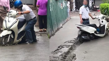 'Vua lì đòn' chạy xe máy cày nát đoạn đường bê tông vừa đổ ở Hà Nội