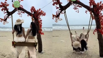 Hai cô gái ngã chổng vó khi ngồi xích đu sống ảo