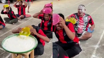 Cười sảng với trò chơi dùng đĩa chuyền bột mì