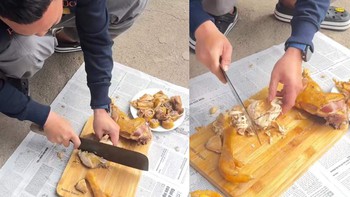 Chàng trai gặp khó khi bố vợ tương lai thử thách chặt gà luộc