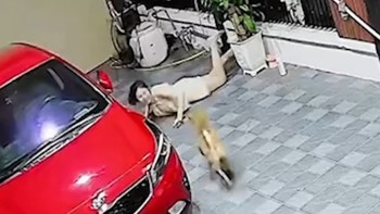 Cô gái ngã sấp mặt vì trêu chó