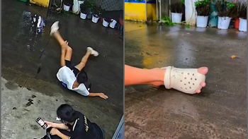 Chàng trai xỏ dép 3 ngón sau cú trượt chân