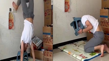 Thanh niên đội thủng ghế khi tập trồng cây chuối