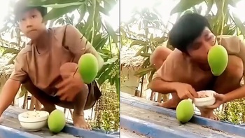 Chàng trai ngã dập mông khi ngồi trên mái tôn live stream cảnh ăn xoài